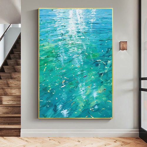 Hand Painted Oil Painting Large Abstract Water Surface Oil Painting on Canvas Original Blue Painting Living Room Home Decor Painting Modern Wall Art